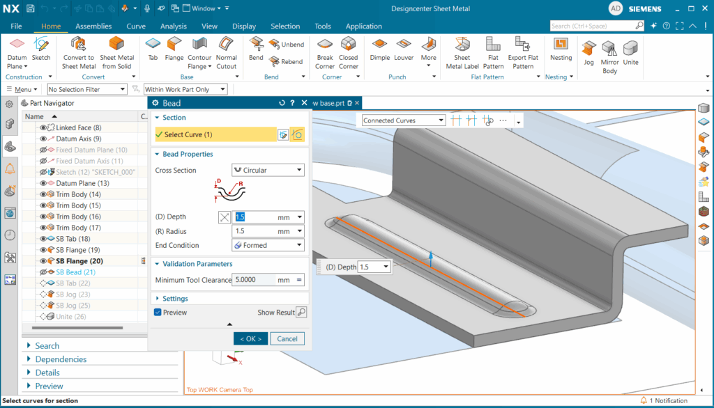 Ảnh hộp thoại cài đặt và tạo Bead trên NX.