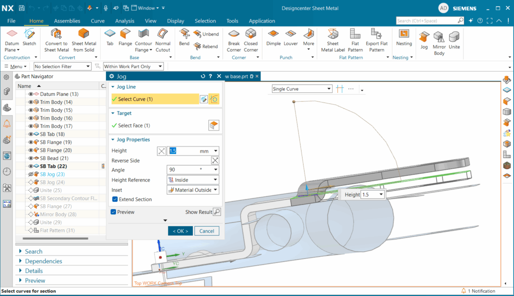Ứng dụng lệnh Jog loại bỏ giao thoa và hộp thoại thiết lập Jog trong NX sheet metal.