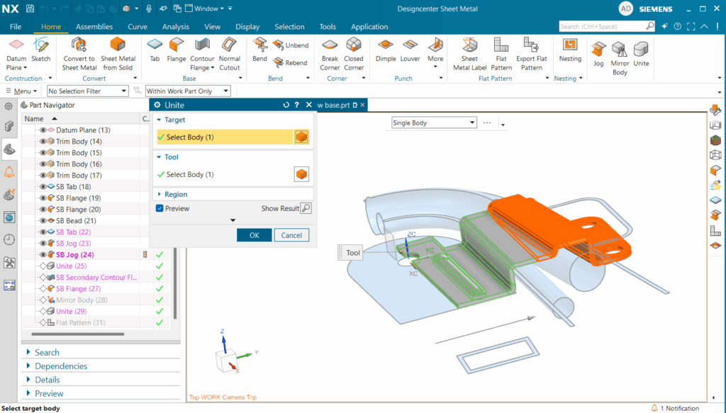 Hộp thoại Unite hai body lại thành một thể thống nhất.