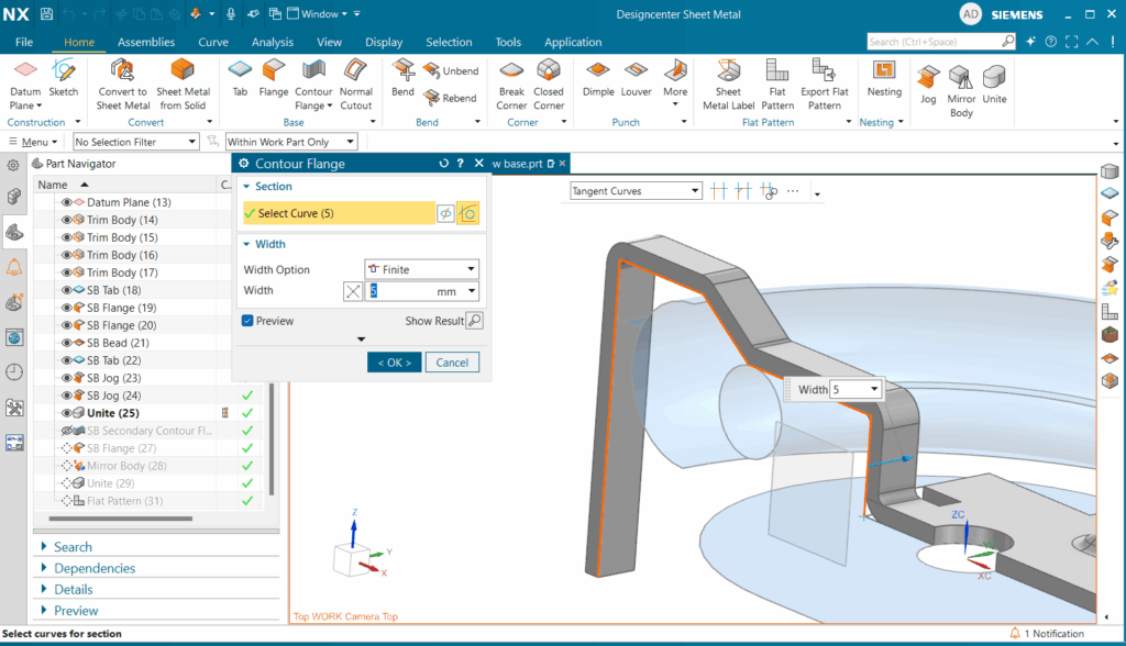 Tạo Contour Flange quanh ống dựa trên đường phác thảo và hộp thoại cài đặt.