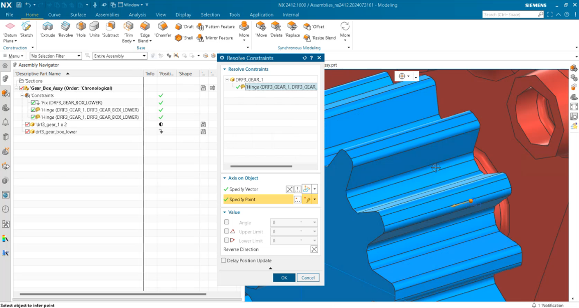 Hộp thoại giải quyết ràng buộc trên NX 2024 giúp người dùng duy trì các mối liên kết khi thay đổi cấu trúc lắp ráp.