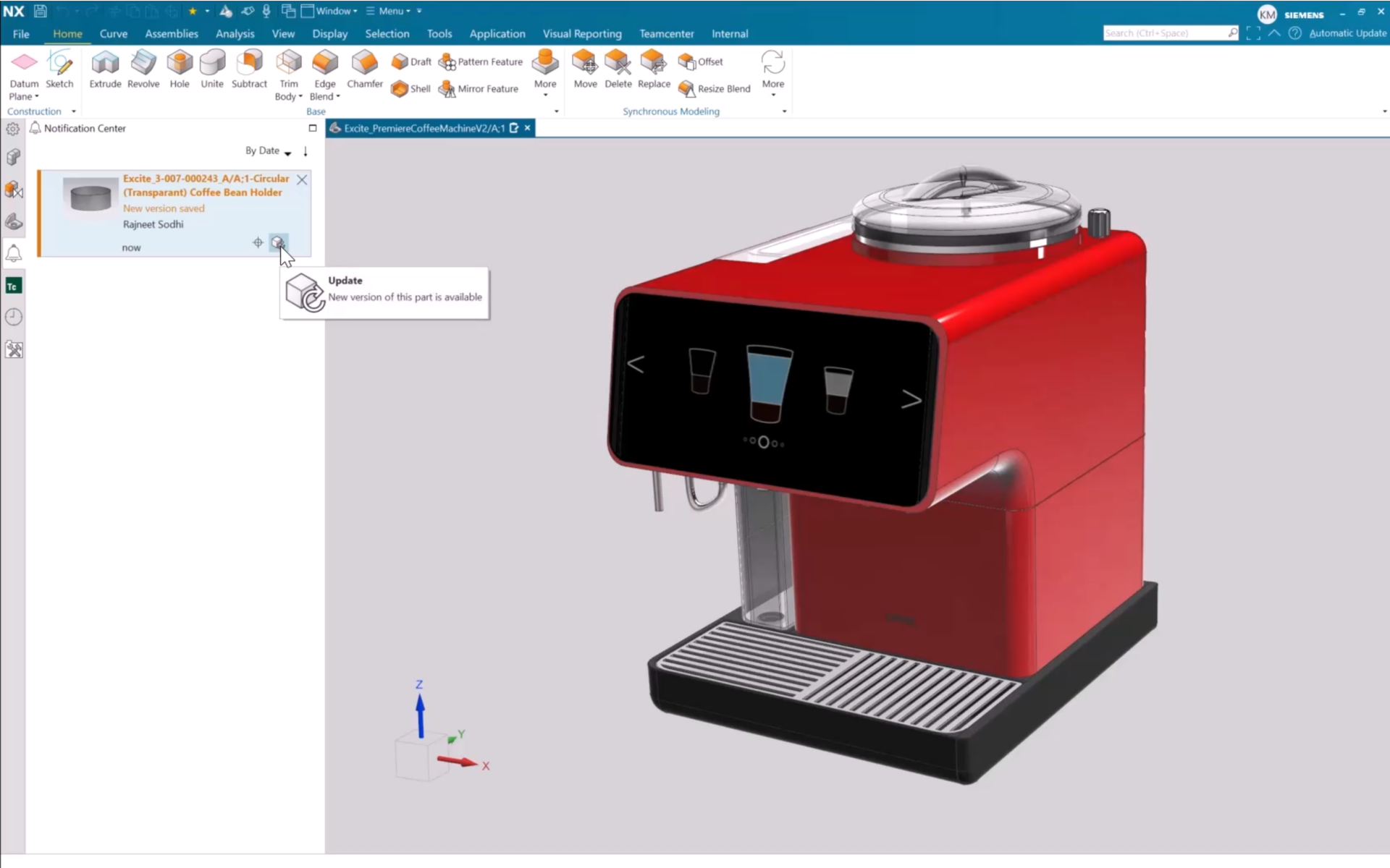 Giao diện thông báo thiết kế đa người dùng trên NX, giúp cả nhóm luôn cập nhật thông tin mới nhất về chi tiết và lắp ráp.
