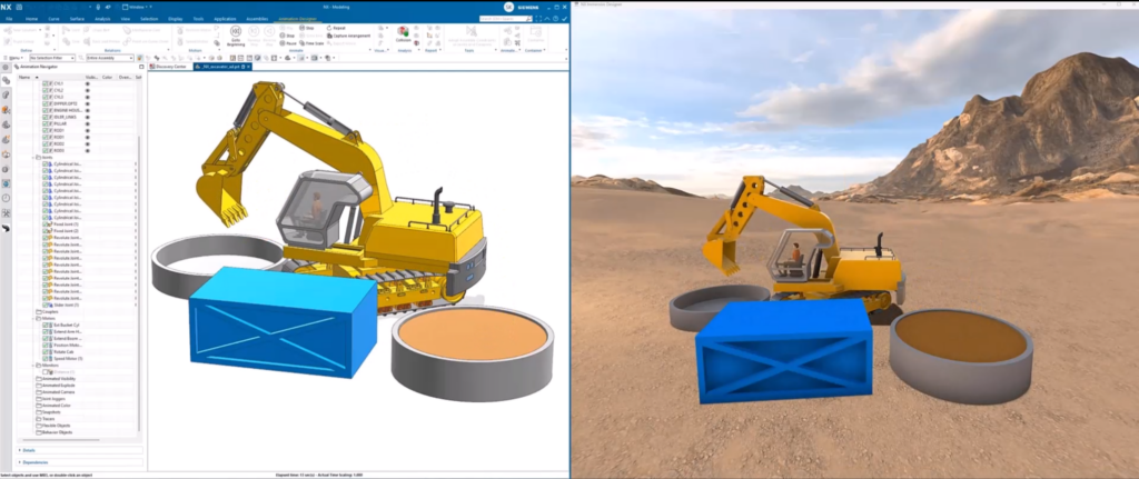 Mô hình máy xúc được dựng trong môi trường thiết kế Immersive Designer NX ở chế độ desktop