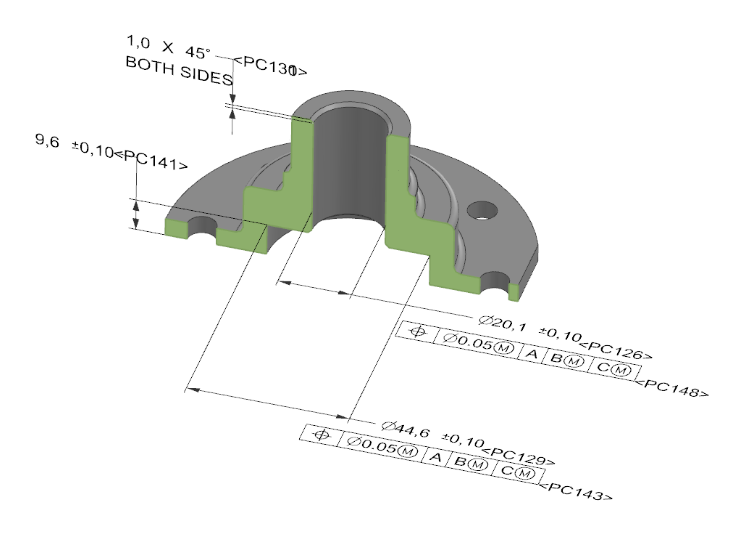 Ví dụ thể hiện các đặc tính dựa trên mô hình trong chi tiết với các lỗ có đường kính, ren và độ dung sai riêng
