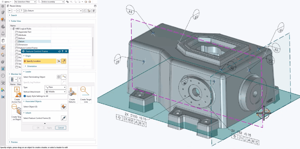 Hình giao diện tạo khung kiểm soát tính năng (Feature Control Frame) giúp đề xuất chuẩn xác dung sai hình học trong NX.